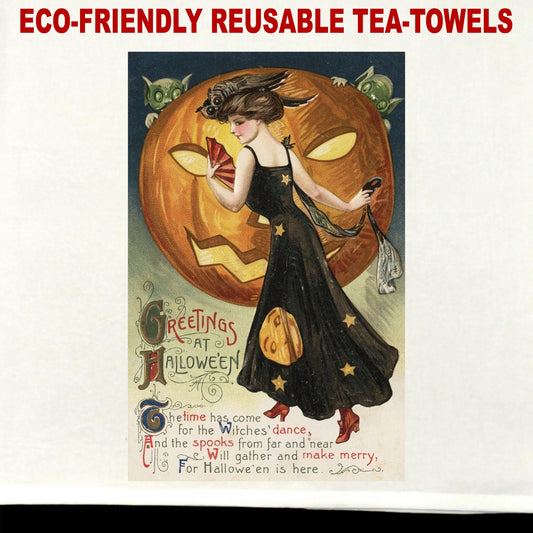 Halloween Vintage Postcard #11 Tea Towel / tea towel / dish towel / hand towel / reusable wipe / kitchen gift / kitchen deco